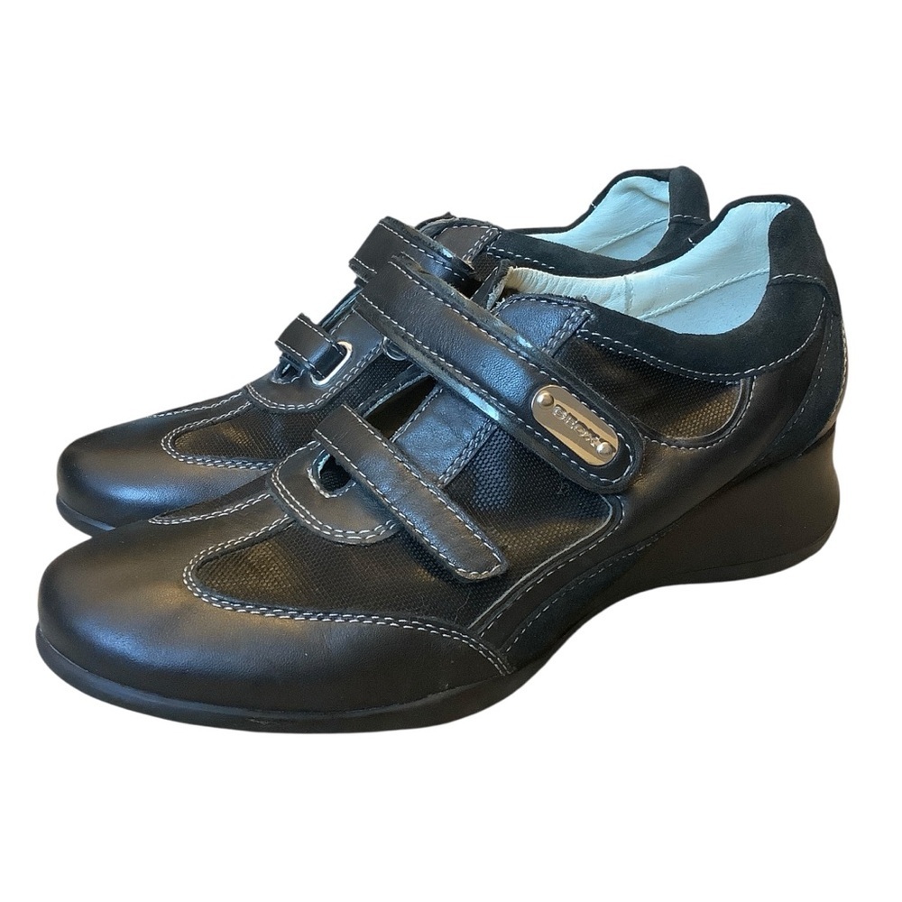 Geox Black Leather & Mesh Comfort Walking Shoes Low Wedge Velcro Size 38